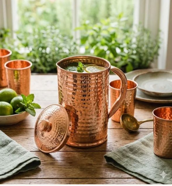 Carafe martelée en cuivre sur la table