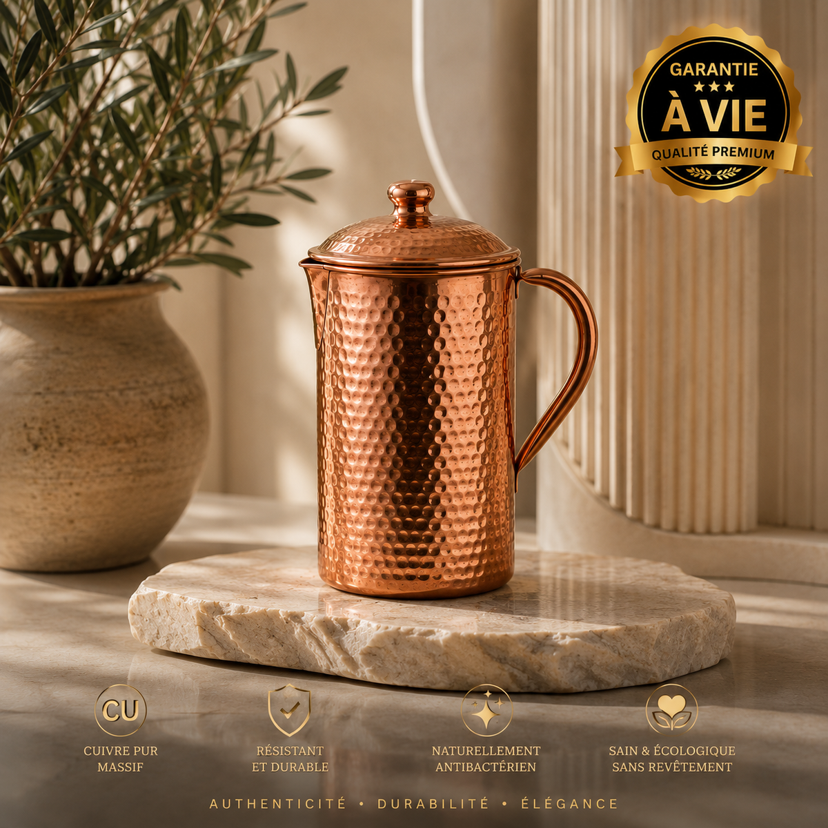 Carafe Martelée en Cuivre Pur
