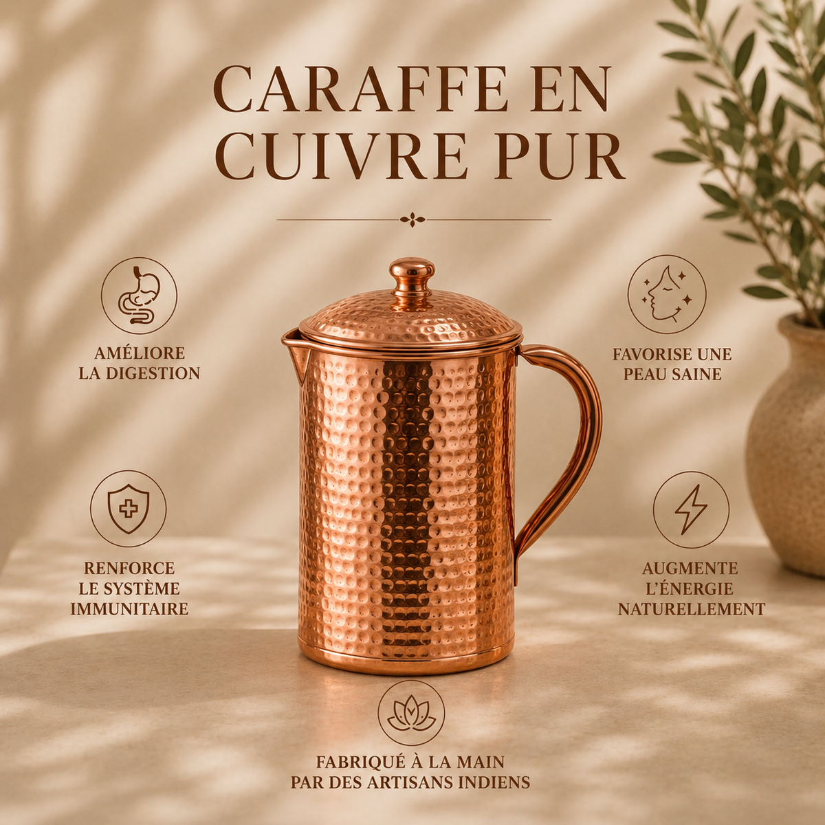Carafe Martelée en Cuivre Pur