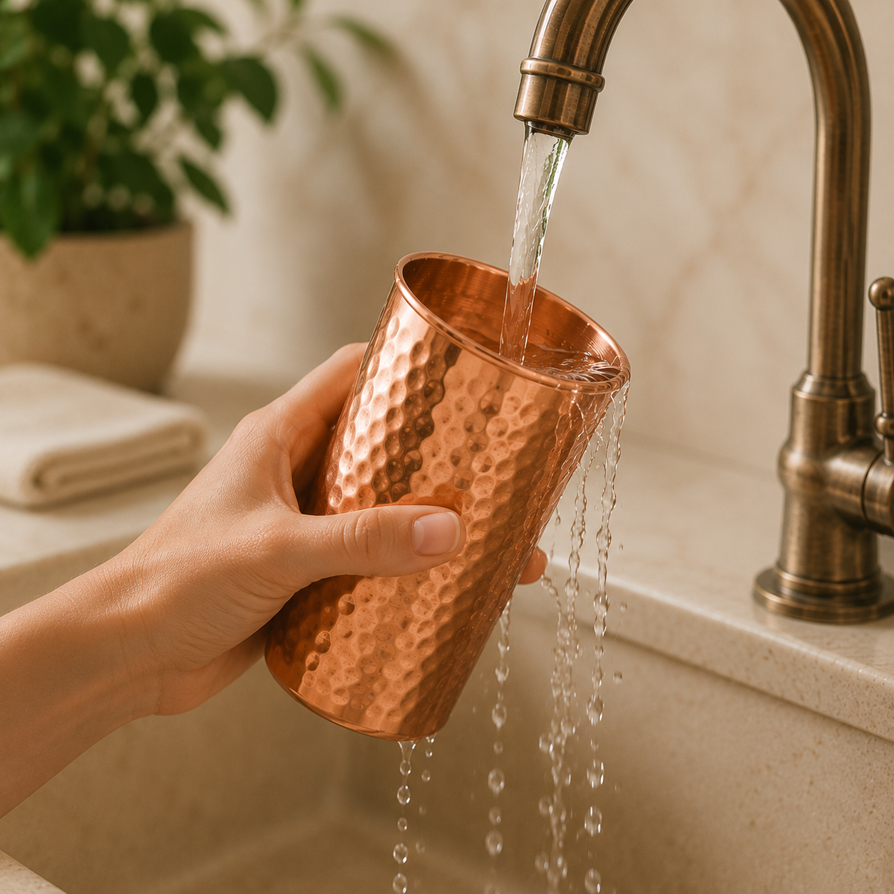 Rincer le verre en cuivre à l'eau claire