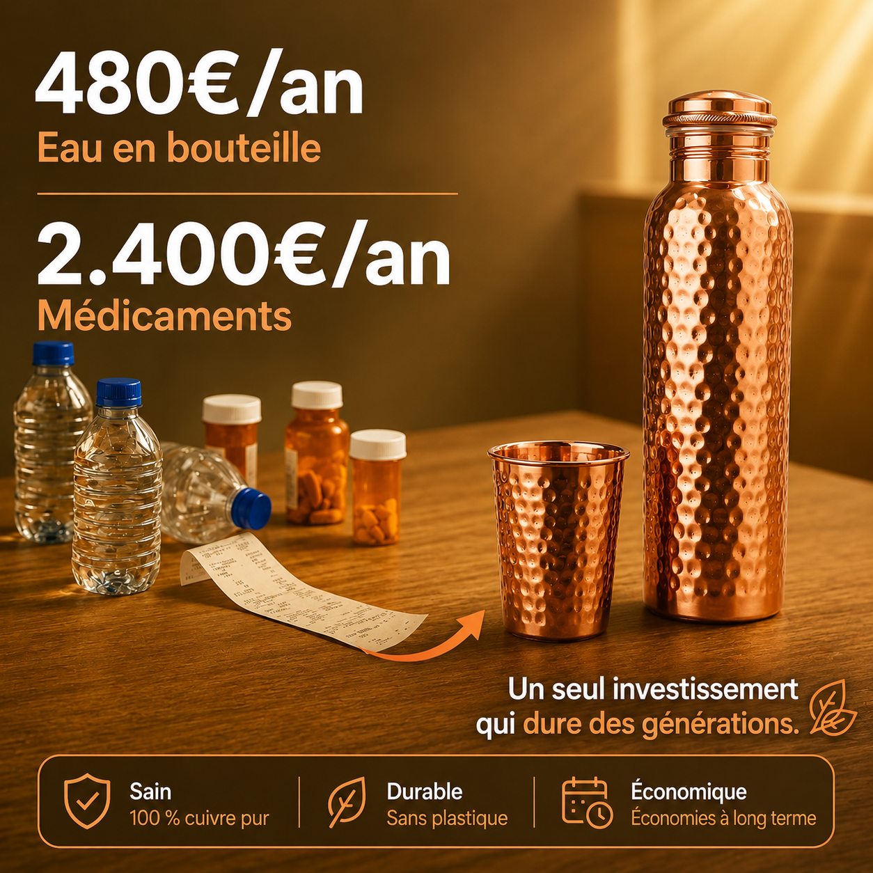 480 € par an d'eau en bouteille, 2 400 € par an de médicaments