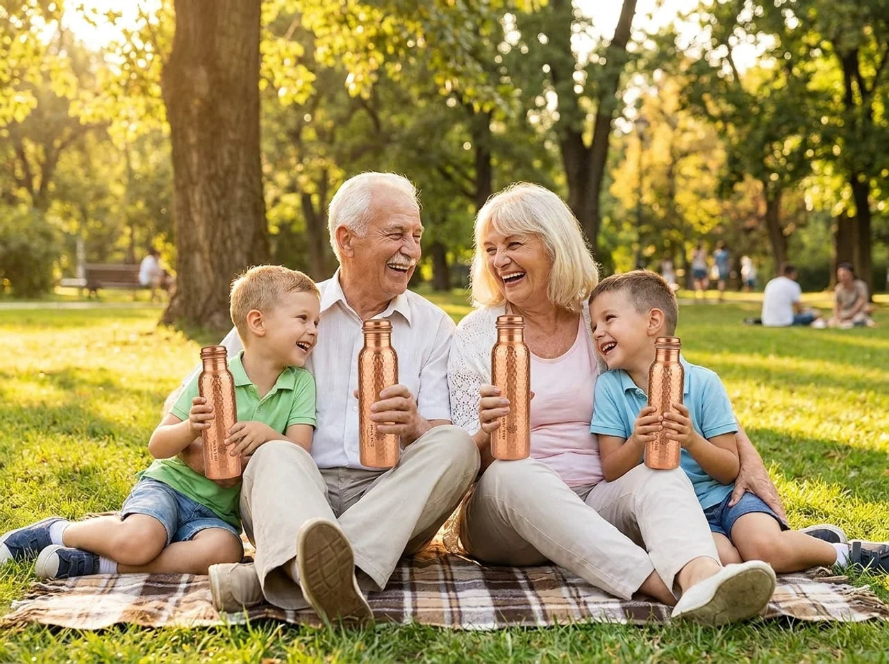 Grands-parents et petits-enfants avec leurs gourdes en cuivre