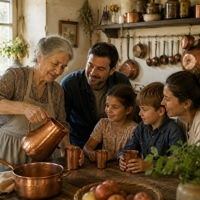 Famille autour de la table avec des récipients en cuivre