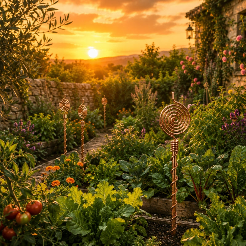 Jardin luxuriant avec antenne cuivre MyTamra, coucher de soleil