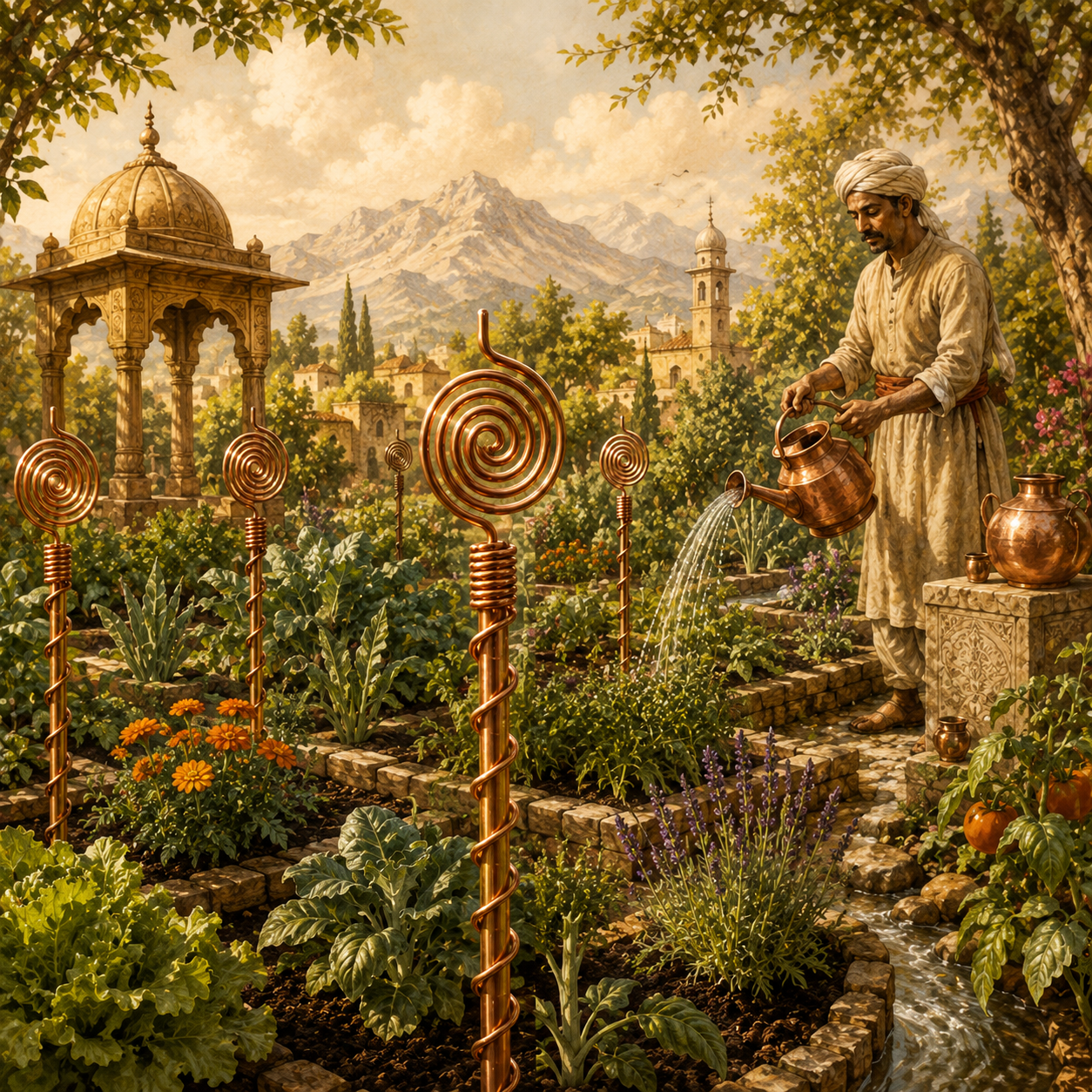 Illustration ancestrale d'un jardin traditionnel et du cuivre
