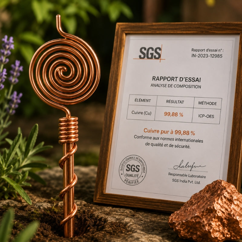 Gros plan sur le cuivre pur massif MyTamra, certificat SGS