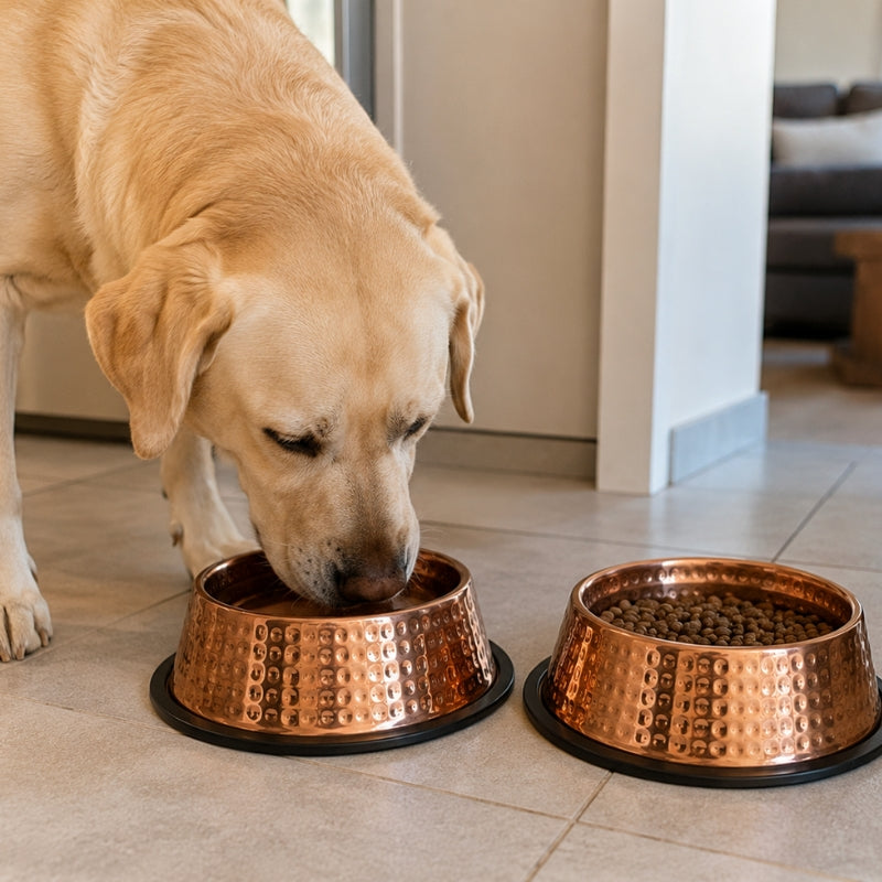 Golden retriever et sa gamelle en cuivre MyTamra